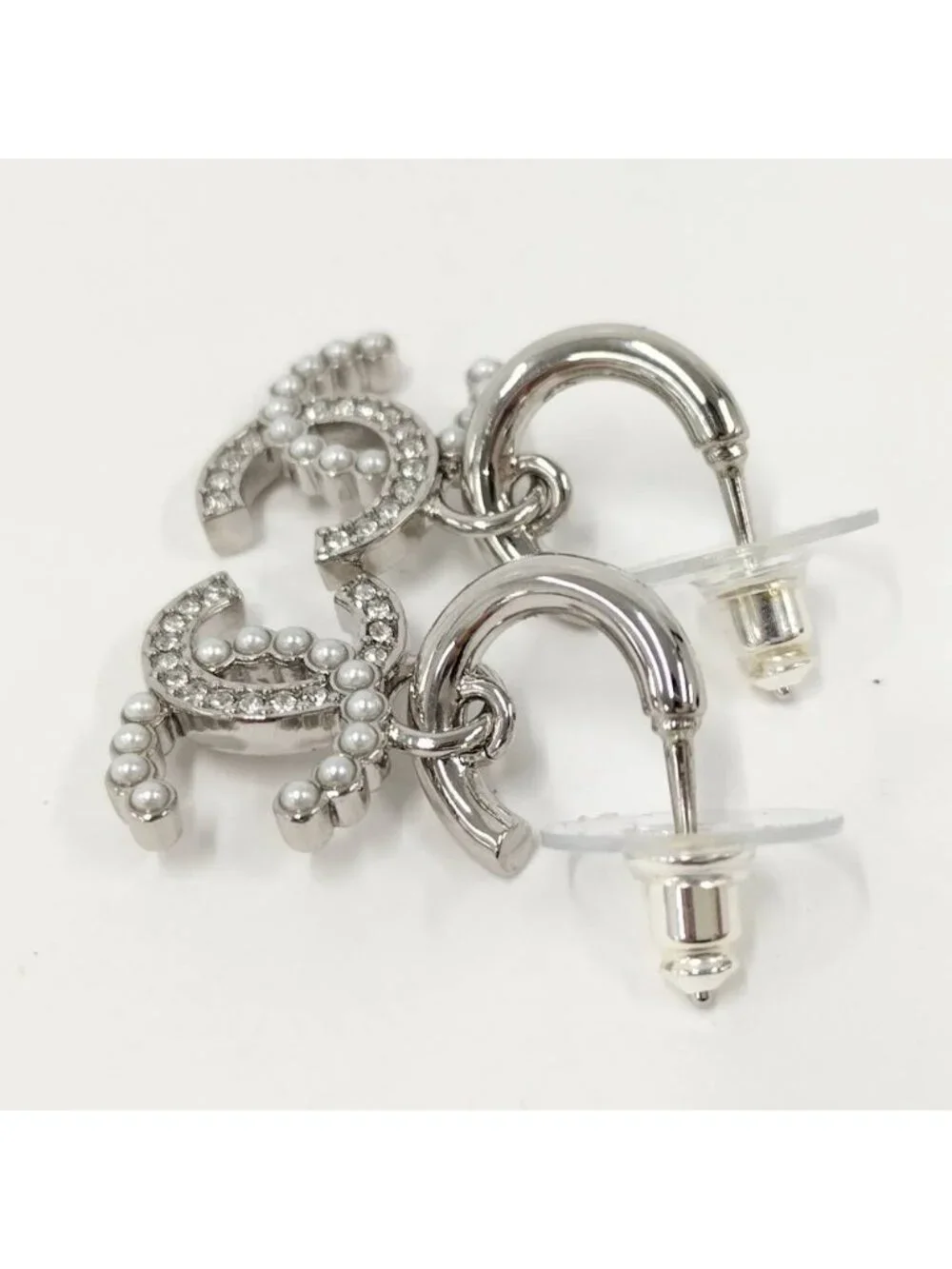 Chanel Earrings Stud Rhinestone Faux Pearl Plated Silver